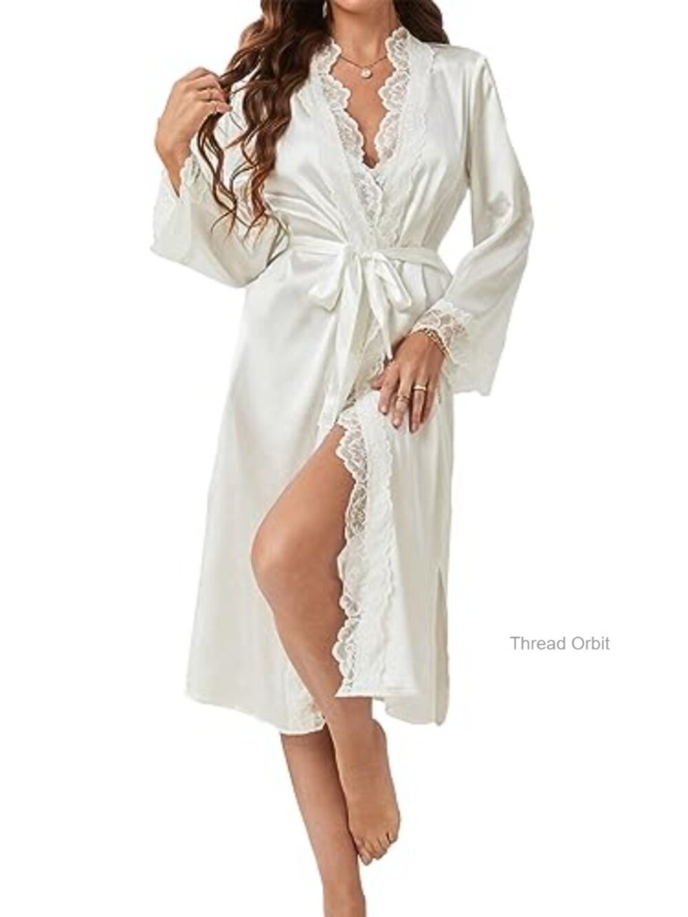 Women's Satin Robe Long Sleeve Lace Trim Belted
